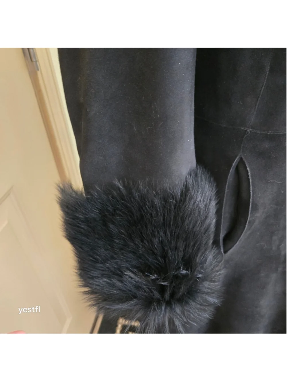 Cole Haan Black Genuine Shearling Long Coat Fur Trim Sz XS Penny Lane Luxury - Picture 5 of 16